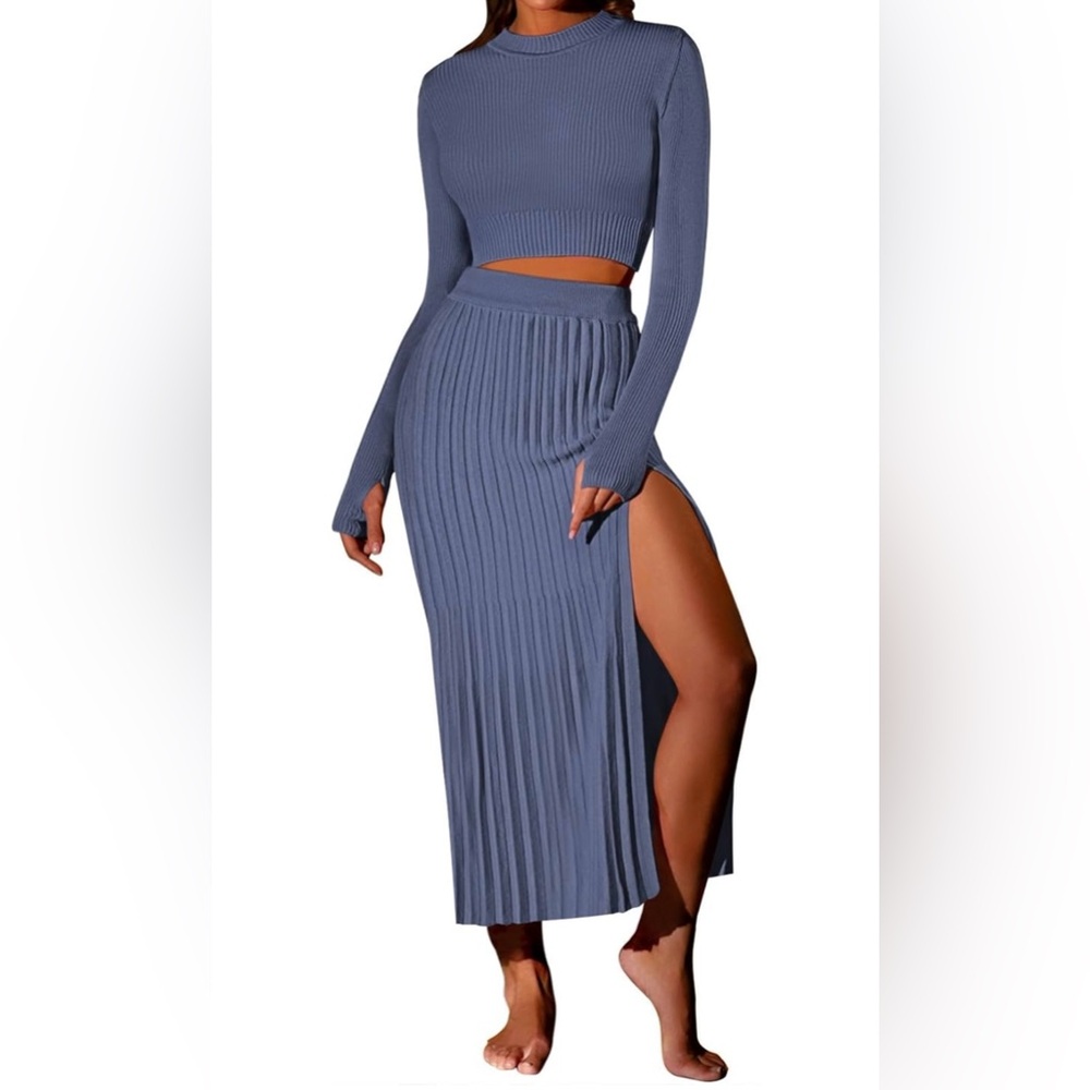 Ribbed Knit Two-Piece Skirt Set in Slate Blue